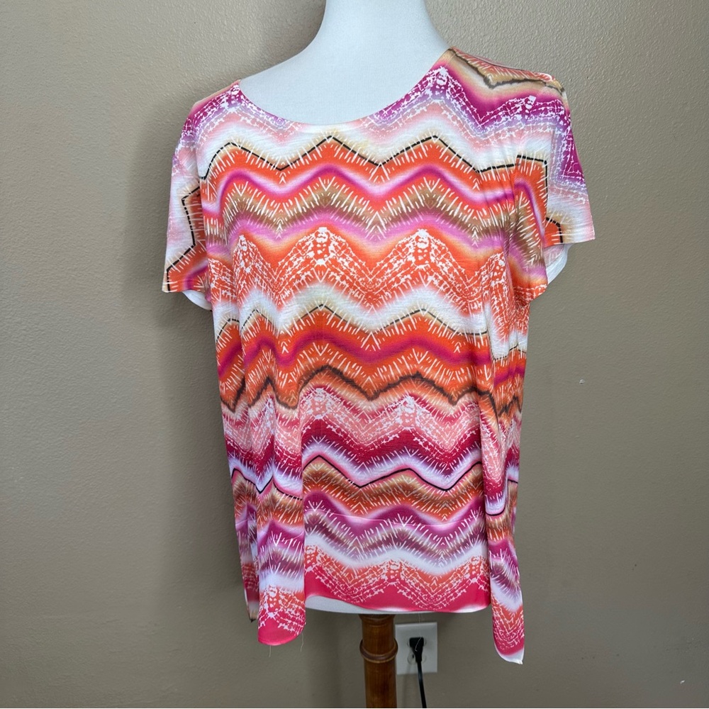 Chico's Pink Orange Chevron Short Sleeve Top